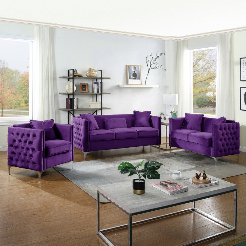 Bayberry Velvet Sofa With 3 Pillows, Purple