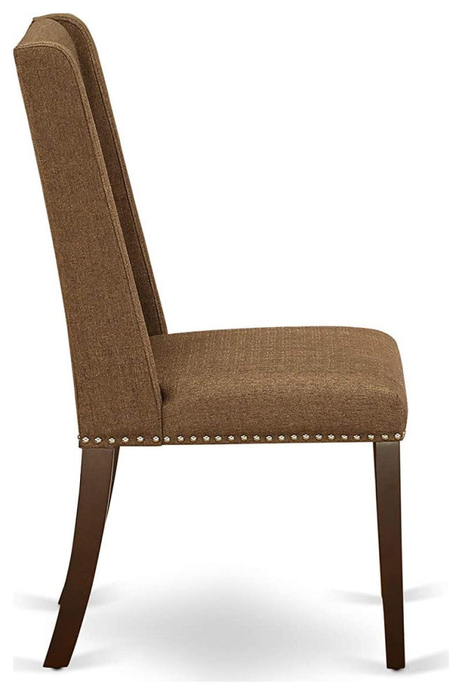 Set of 2 Parson Dining Chairs, Nailhead Trim, Linen Fabric Upholstered, Brown Beige