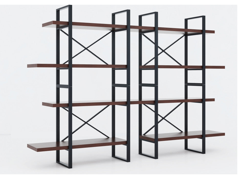 Large Double Bookcases With 8 Walnut Wood Shelves For Living Room