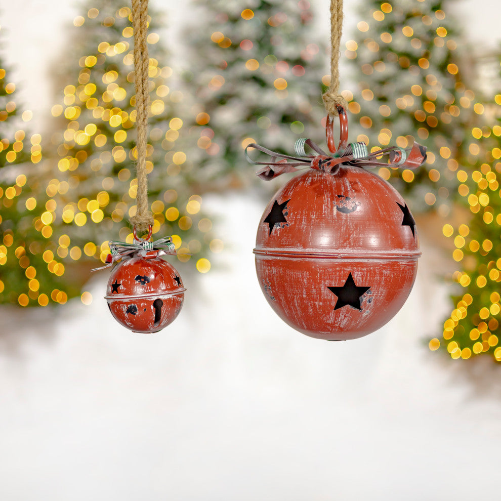 Set of 9 Assorted Sized Hanging Christmas Bells, Antique Red