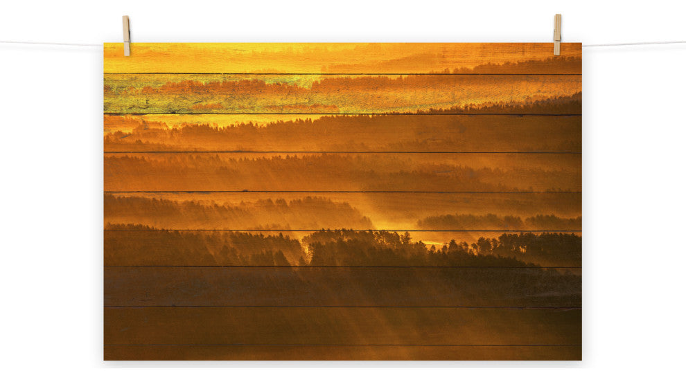 Faux Wood Golden Mist Valley - Hills & Mountain Range Wall Art Prints, 18" X 24"