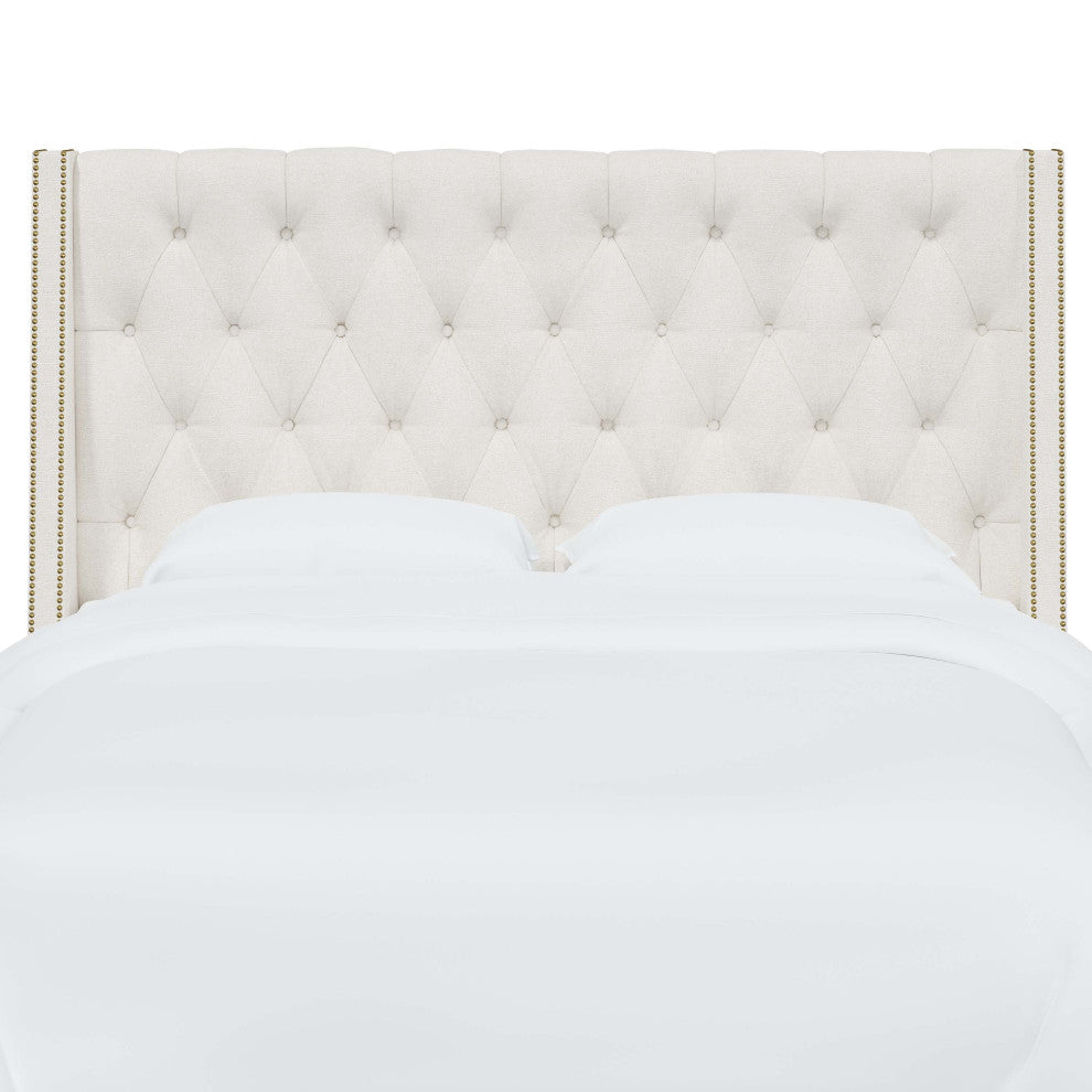 Tufted Sloped Wingback Headboard, Nail Trim, Zuma White, Twin