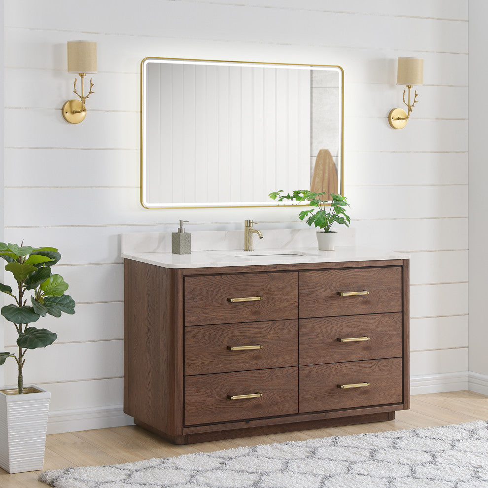 Porto Bath Vanity with White Quartz Stone Top, Dark Brown Oak, 55 in., No Mirror
