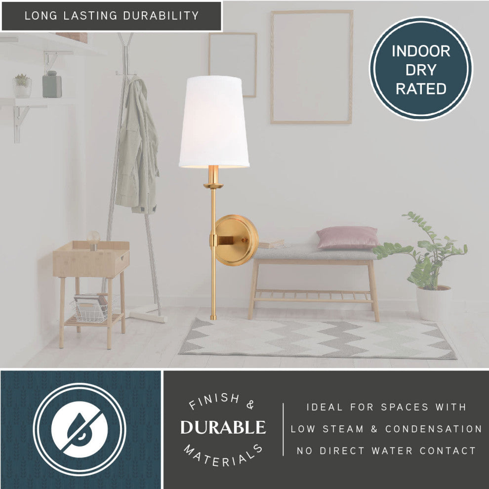 Camden 1 Light Gold Natural Brass Wall Sconce Fixture White Linen Fabric Shade