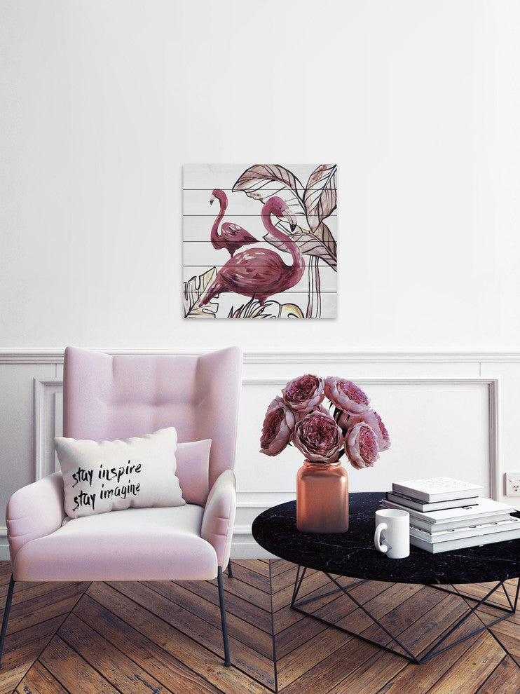 "Pink Flamingo II" Painting Print on White Wood, 24"x24"