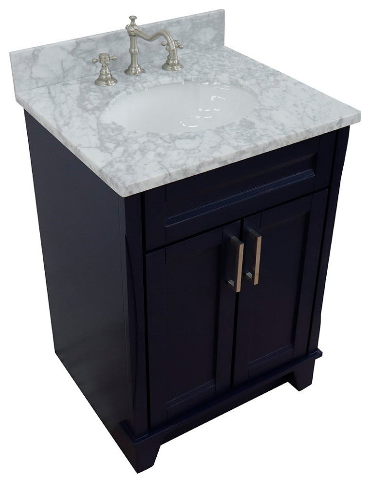25" Single Sink Vanity, Blue Finish With White Carrara Marble And Oval Sink