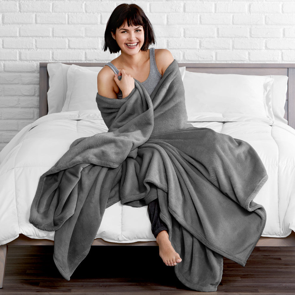 Bare Home Microplush Fleece Blanket, Gray, Throw/Travel