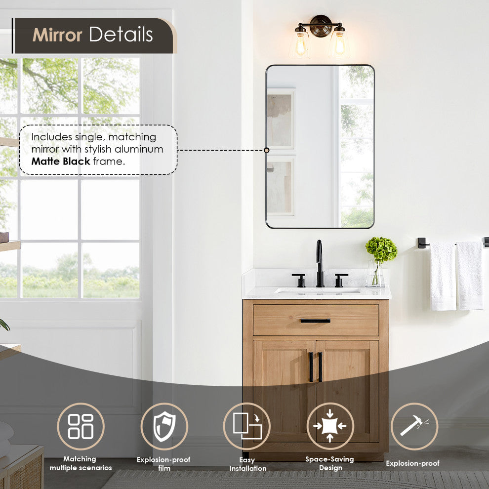 Gavino Vanity With Grain White Composite Stone Top, Light Brown/Matte Black, 30", With Mirror
