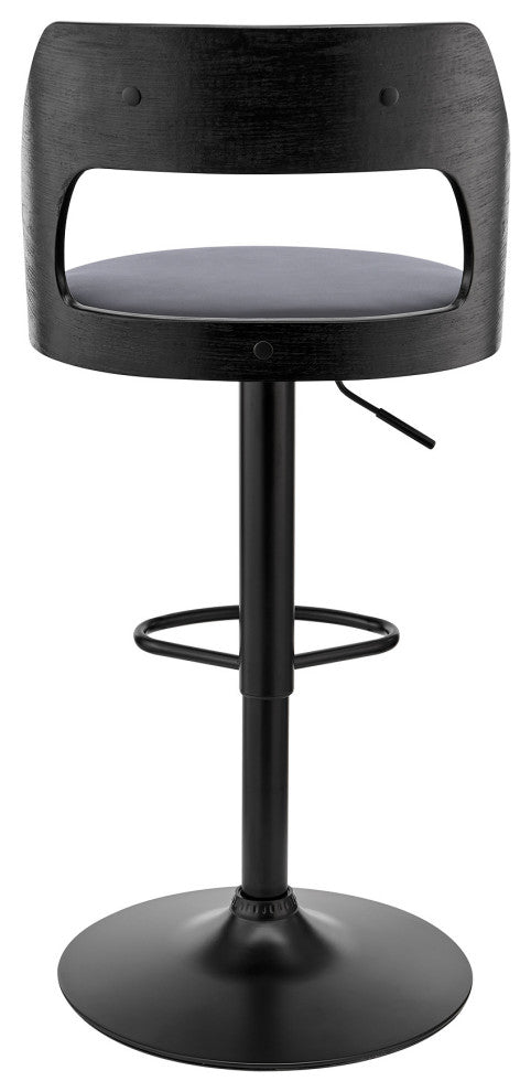 Gray Upholstered Black Base Adjustable Swivel Bar Stool