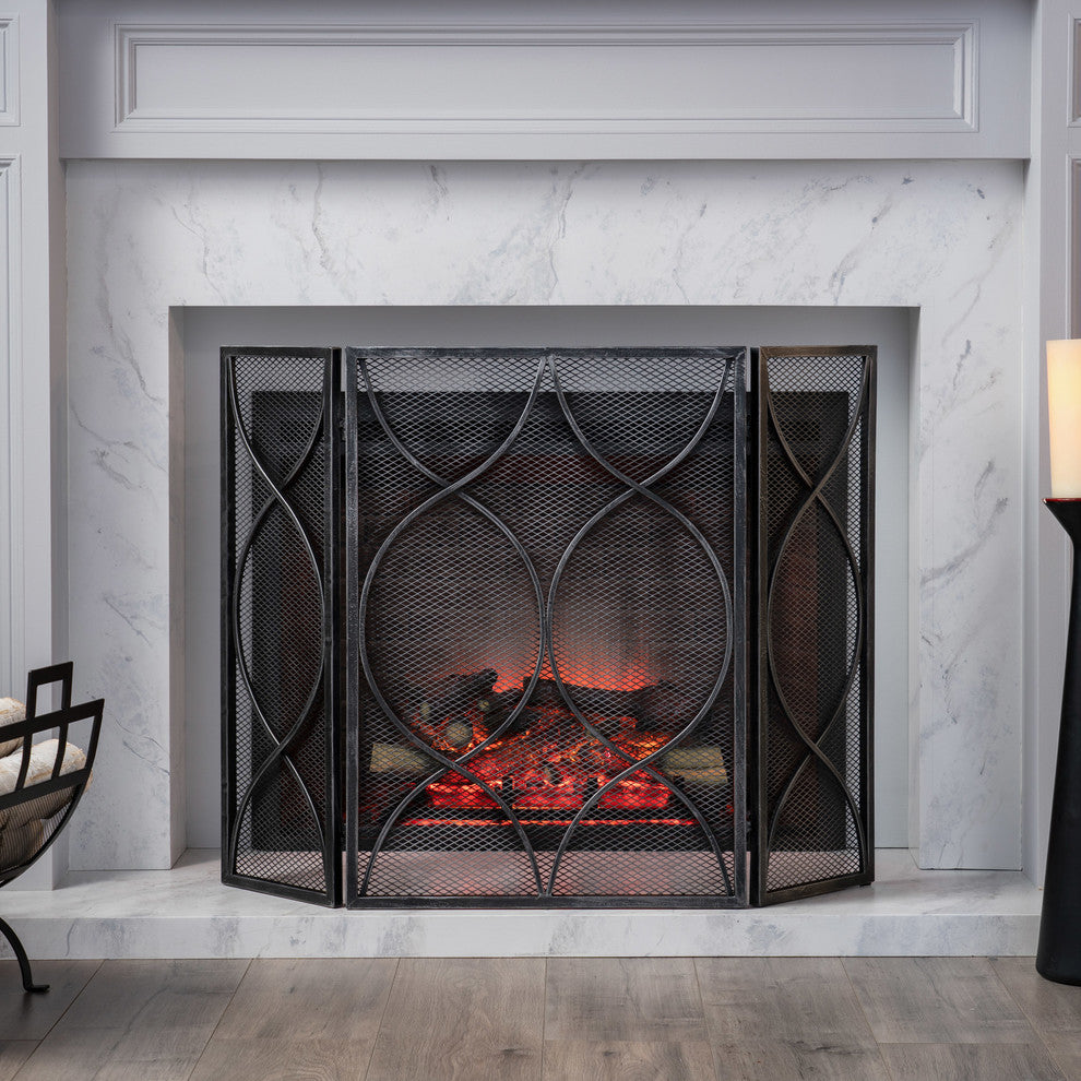 Laylah Modern Three Panel Iron Firescreen, Black Silver Finish