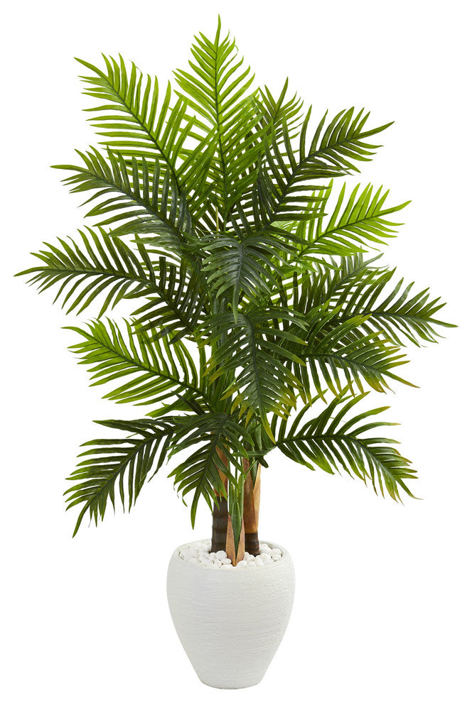 5' Areca Palm Artificial Tree, White Planter, Real Touch