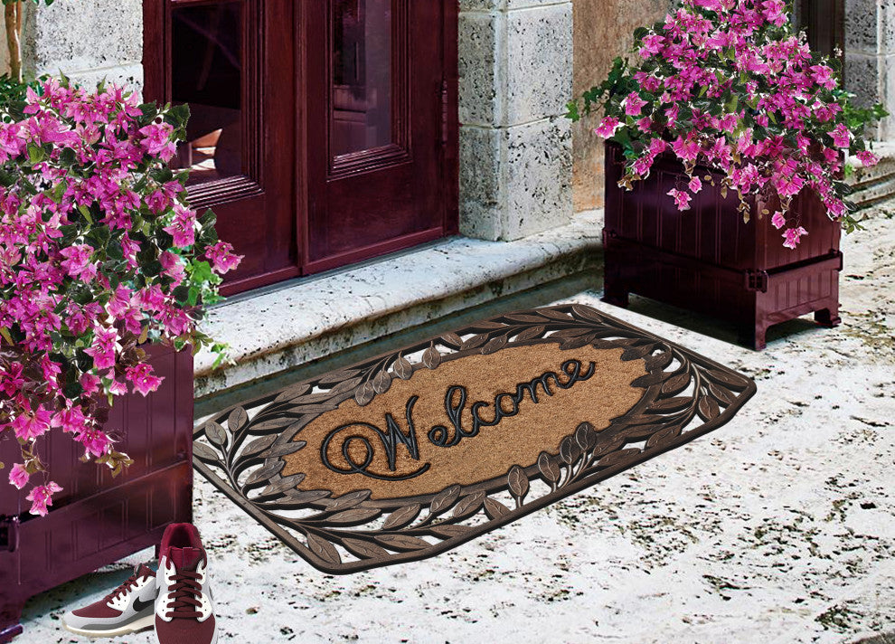 Natural Coir & Rubber 38x23, Thick Durable Doormats, Leaf Border Welcome Bronze