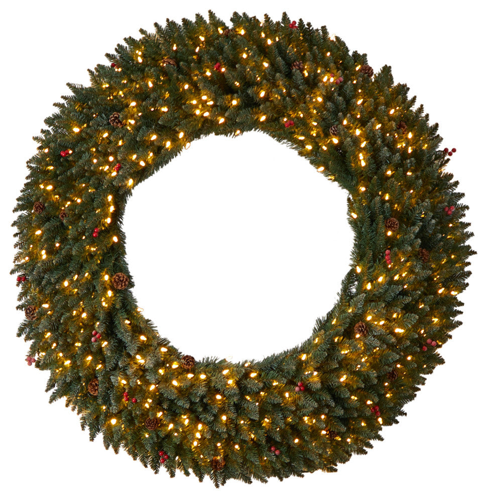 5' Large Flocked Faux Xmas Wreath W/Pinecones, Berry, Lights & Bendable Branches