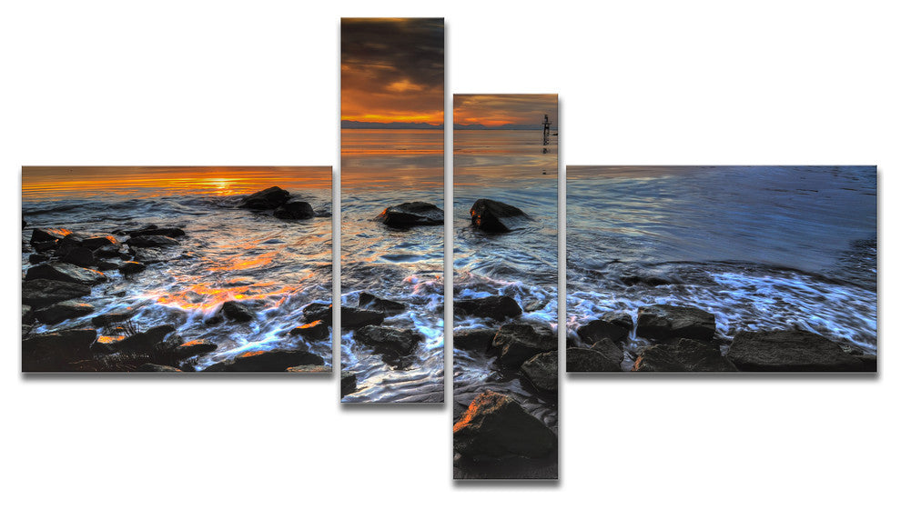 Sunset over Rocky Ocean Shore, Large Landscape Canvas Print, 60"x32", 4 panels