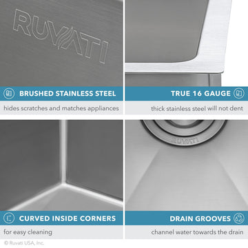 Ruvati 10 inch Undermount Bar Prep Tight Raduis 16 Gauge Kitchen Sink Stainless