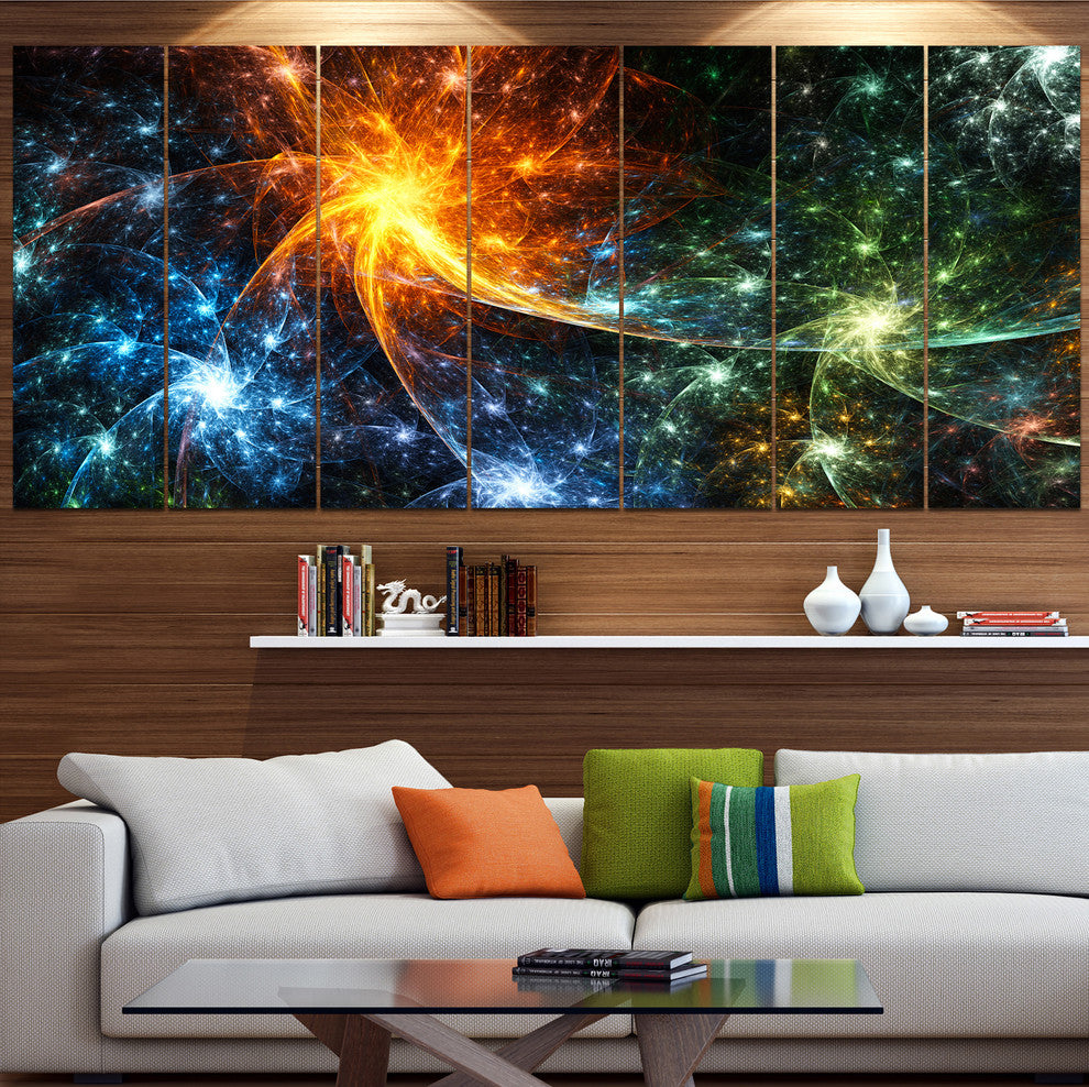Colorful Fireworks with Stars, Abstract Canvas Art Print, 83"x32", 7 Panels