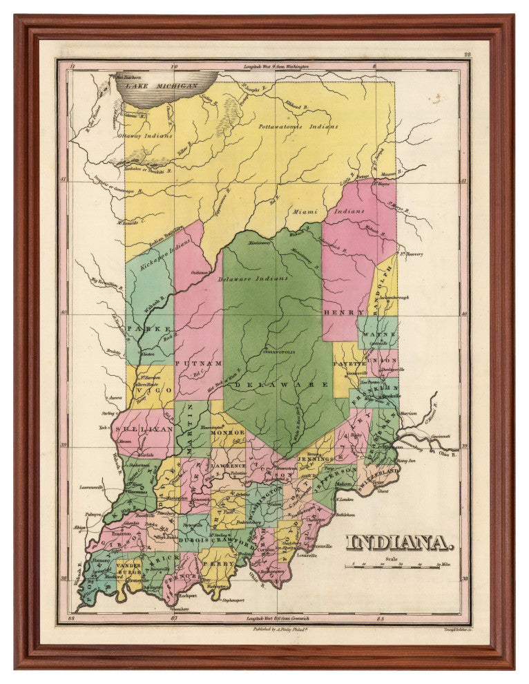 Indiana Map Framed Art 1824, Vintage Indiana Wall Decor, Brown, 24x36