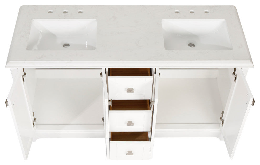 Freestanding Double Bathroom Vanity with White Carrara Marble Top, White, 60"