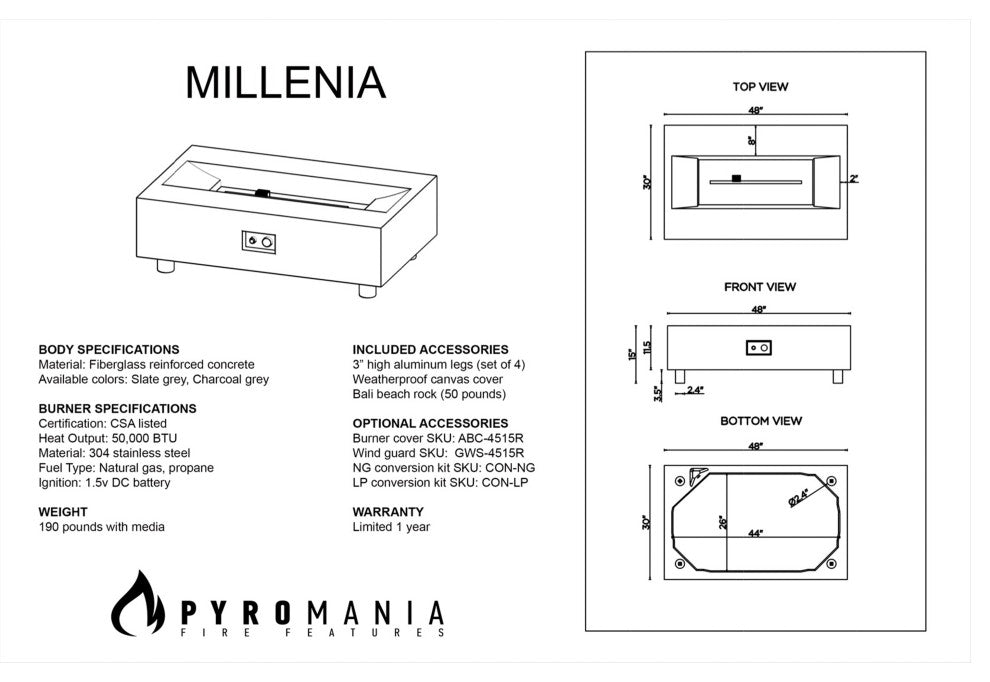 Pyromania Millenia Concrete Fire Pit Table, 48"x30", Slate Gray, Natural Gas