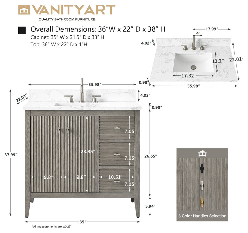 Vanity Art Freestanding Vanity, Driftwood Gray, 36", Single Sink, Brushed Nickel