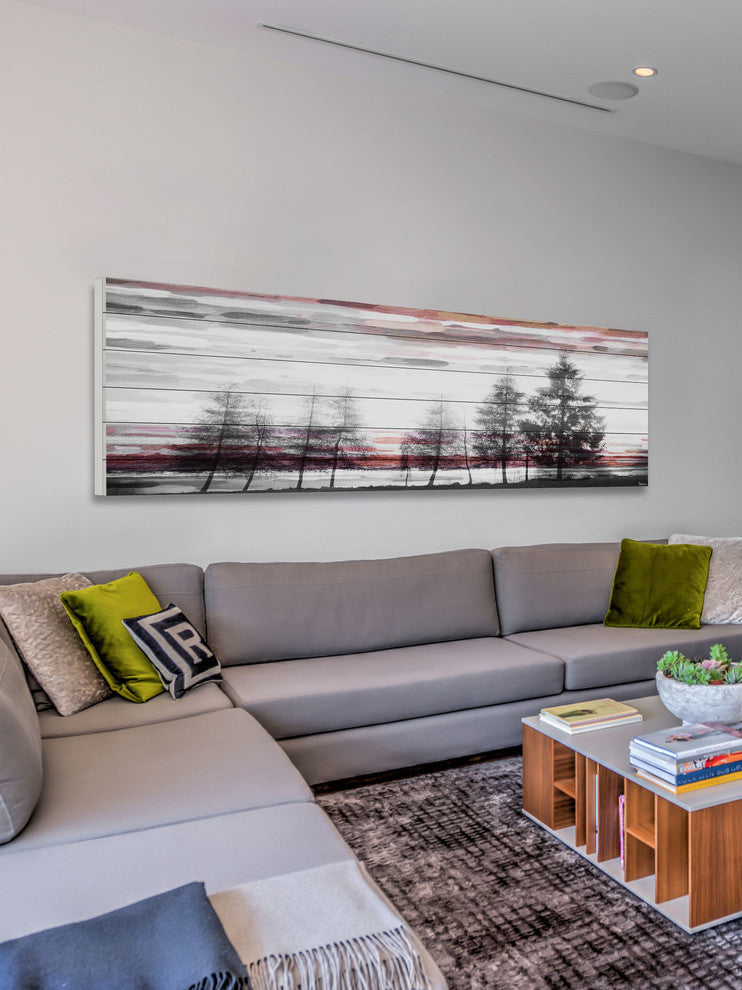 "Evergreens" Print on White Wood, 60"x20"