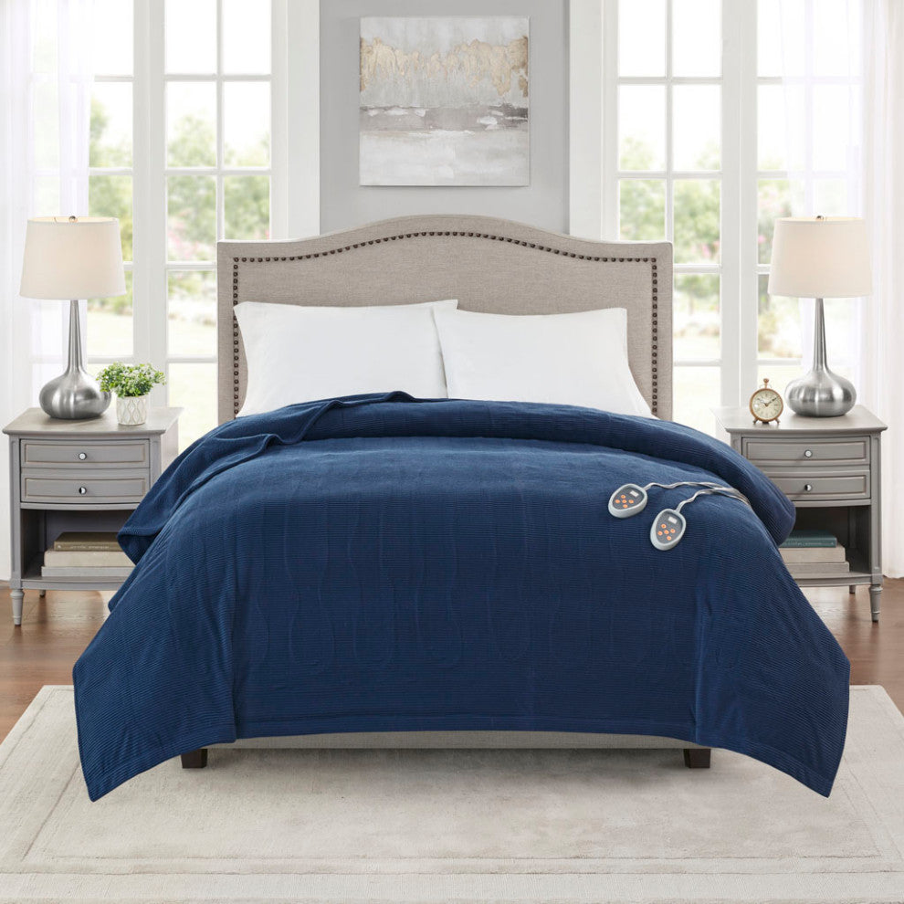 Beautyrest Electric Micro Fleece Heated Electric Bedding Blanket, Navy Blue, Kin