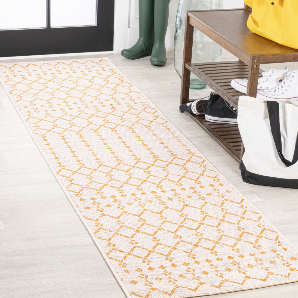 Ourika Moroccan Geometric Indoor/Outdoor Rug, Cream/Yellow, 2x10