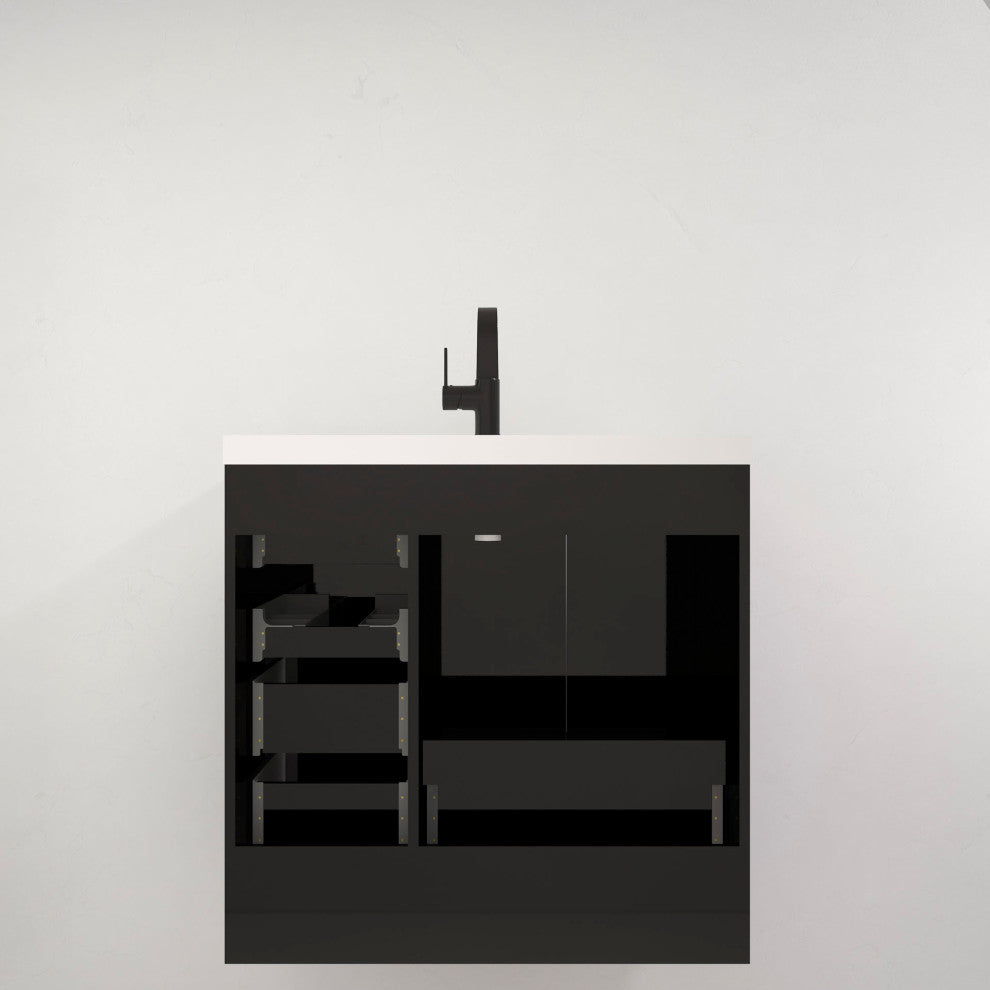 Carla 36" Freestanding Bathroom Vanity With Left Side Drawers, Gloss Black