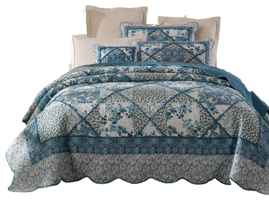 Tache Petal Dance 100% Cotton Floral Blue Quilt Bedspread Set, California King