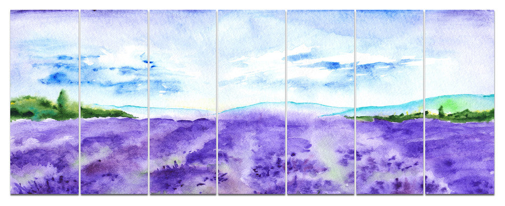 Blue Lavender Fields Watercolor, Landscape Canvas Art Print, 83"x32", 7 Panels