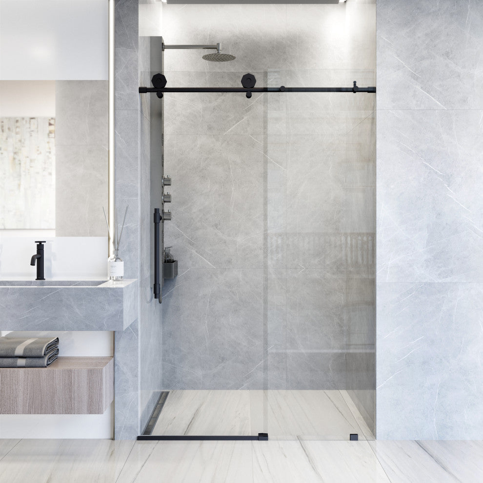 VIGO Elan Hart 56" to 60" W x 76" H Frameless Sliding Shower Door, Matte Black, Clear Glass