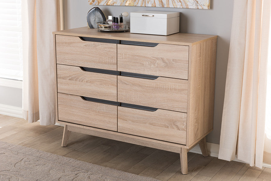 Fella Mid-Century Modern Two-Tone Oak and Grey Wood 6-Drawer Dresser