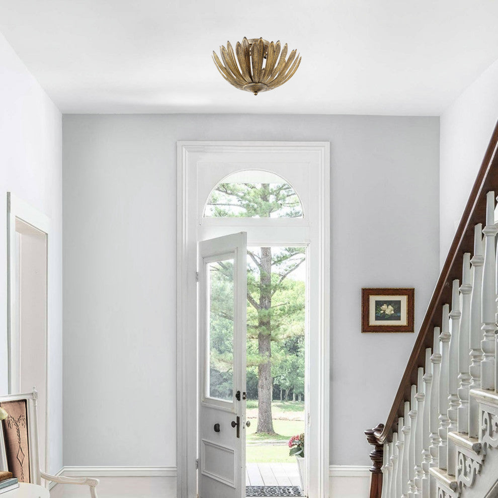 15" 3-Light Antique Gold Leaf Semi-Flush Mount Ceiling Light