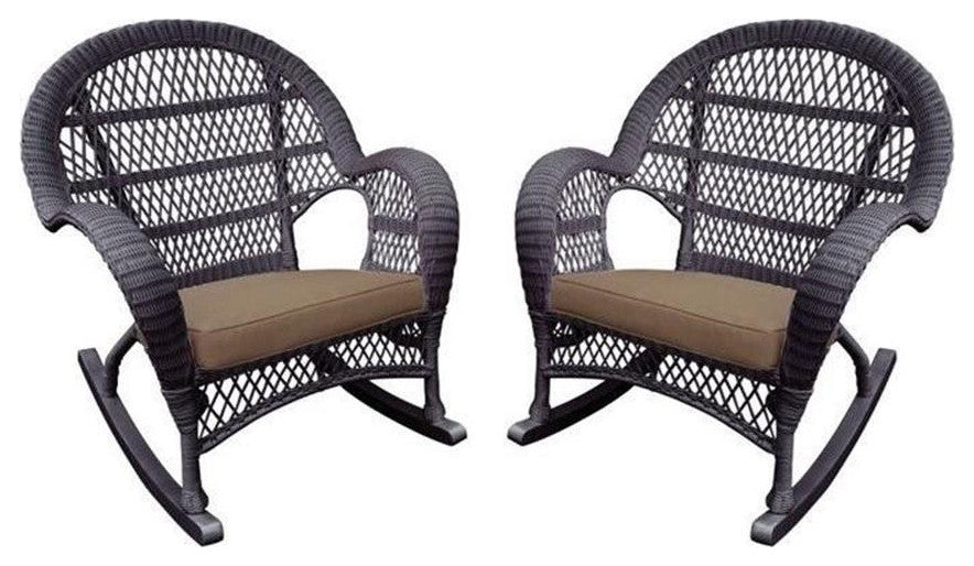 Jeco Wicker Rocker Chair in Espresso with Brown Cushion (Set of 2)