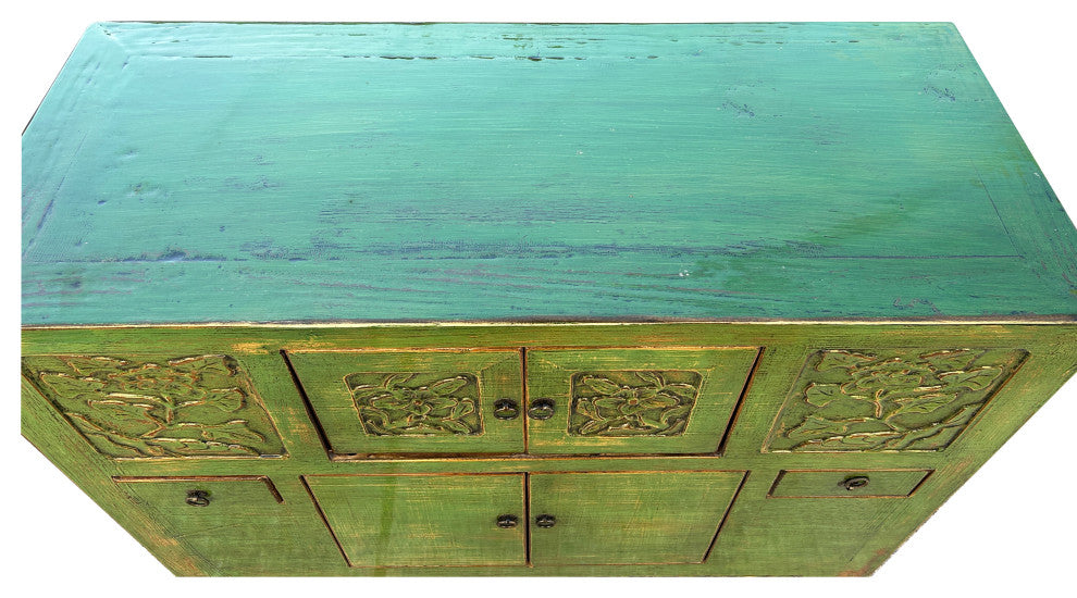 Oriental Distressed Lime Green Floral Carving Credenza Storage Cabinet