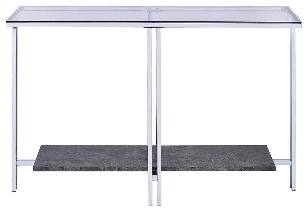 Contemporary Console Table, Chrome Base With Glass Top & Elegant Faux Marble Top