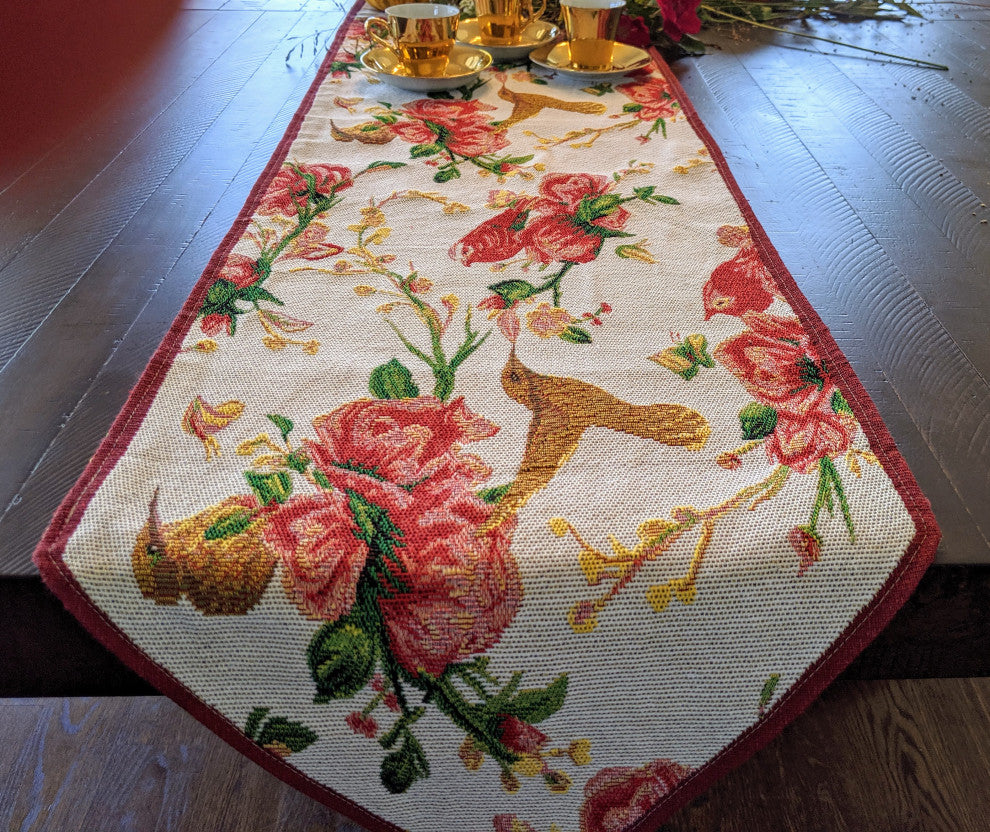 Seasonal Floral Woven Tapestry Table Runners, White Floral, 13x72