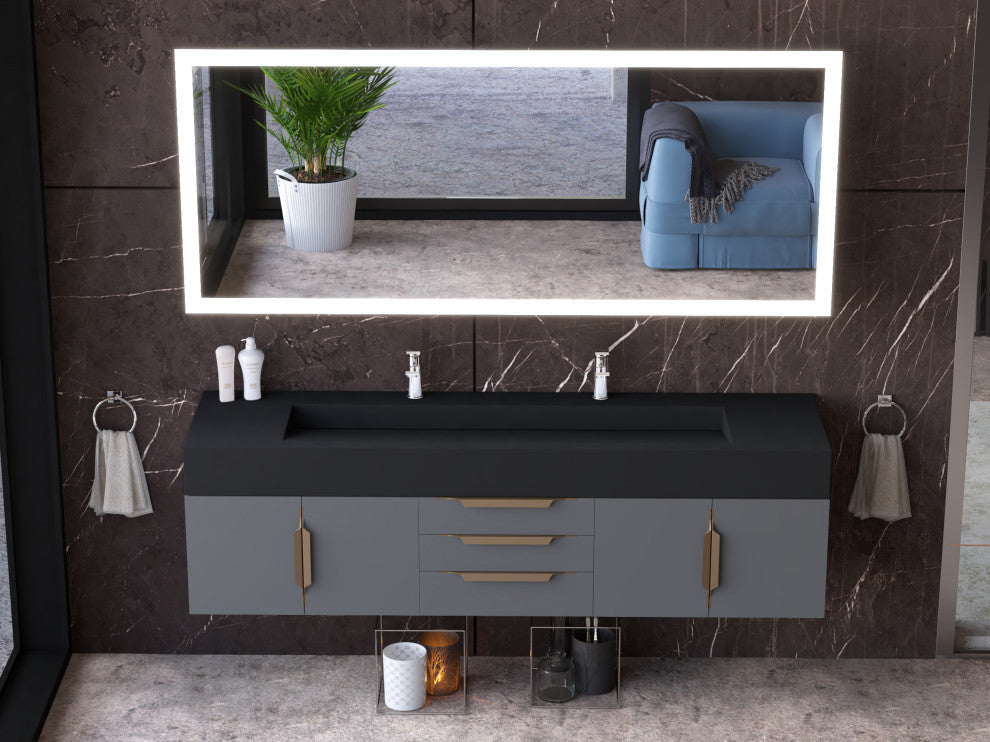 CastelloUSA Nile 72" Wall Mounted Bathroom Vanity Set, Gray, Black Top, Gold Handles