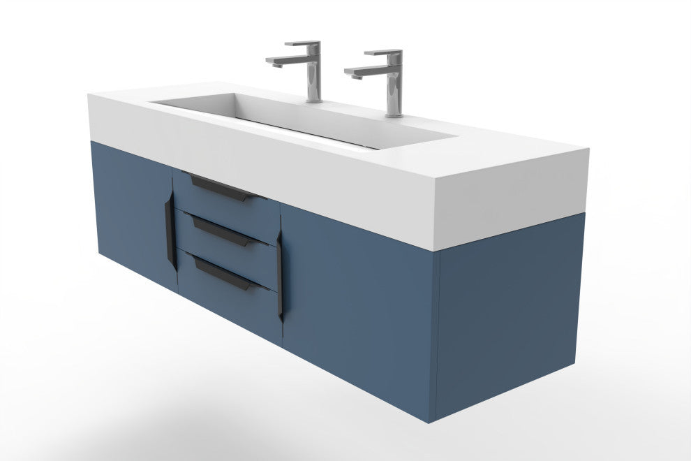CastelloUSA Nile 60" Wall Mounted Vanity Set, Blue, White Top, Black Handles