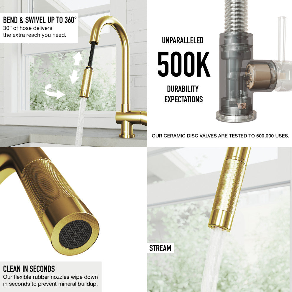 VIGO Gramercy 17" H Single Handle Pull-Down Sprayer Kitchen Faucet, Matte Brushed Gold, No Sensor, Without Extras