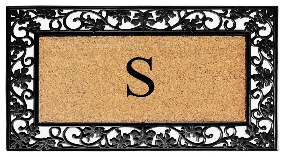 A1HC Floral Border Black 18x30 Rubber and Coir Heavy Duty Monogrammed Doormat, S
