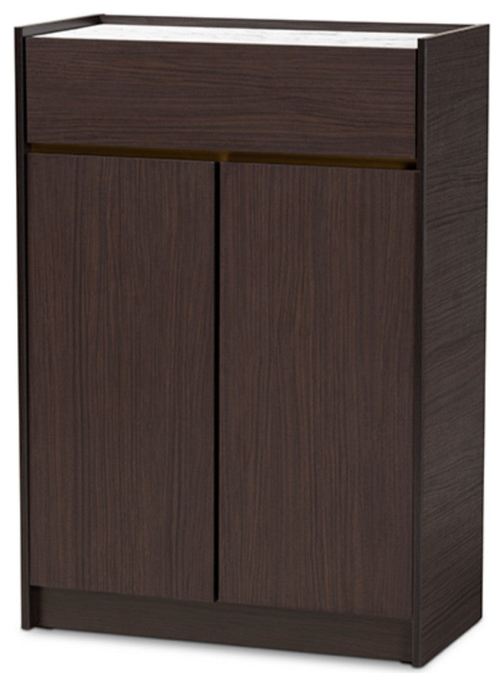 Walker Dark Brown and Gold Finished Wood Shoe Cabinet With Faux Marble Top
