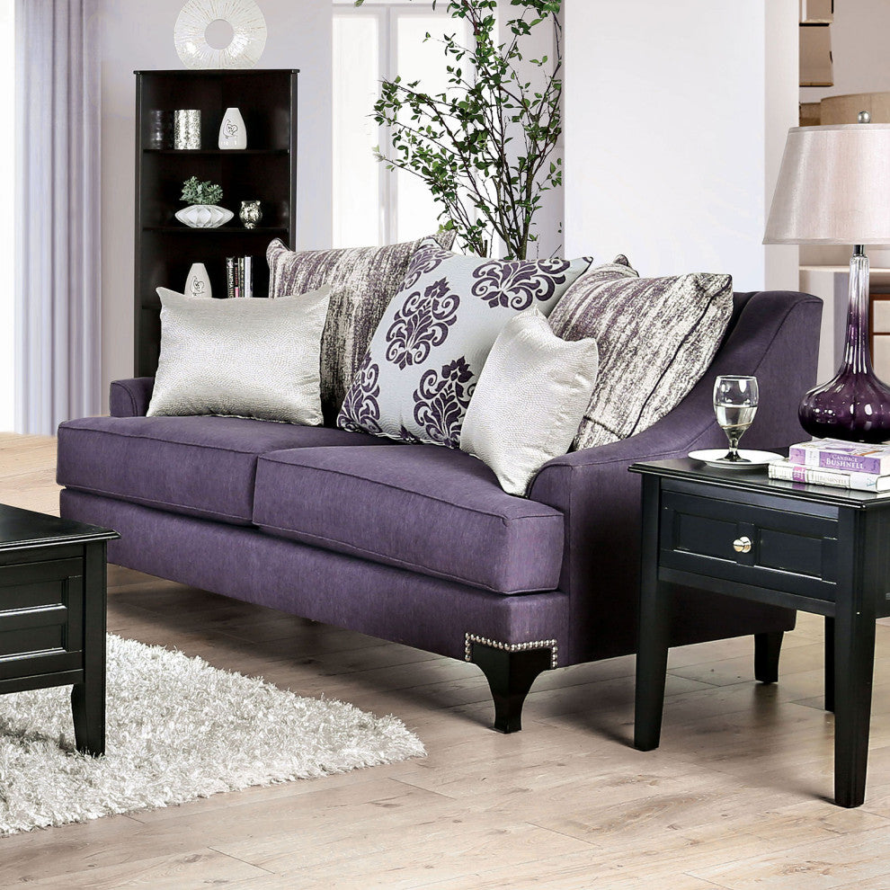 Chenille And Wooden Love Seat with Sloped Arms Design, Purple