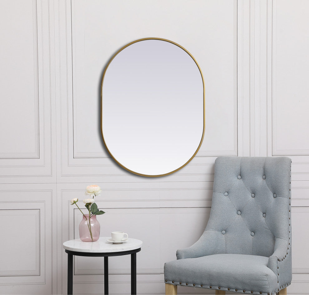 Metal Frame Oval Mirror 27X36 Inch, Brass