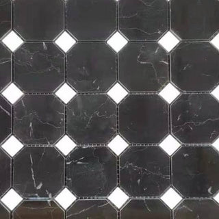 Nero Marquina Black Marble 2" Octagon Mosaic Tile Thassos White Polish, 1 sheet
