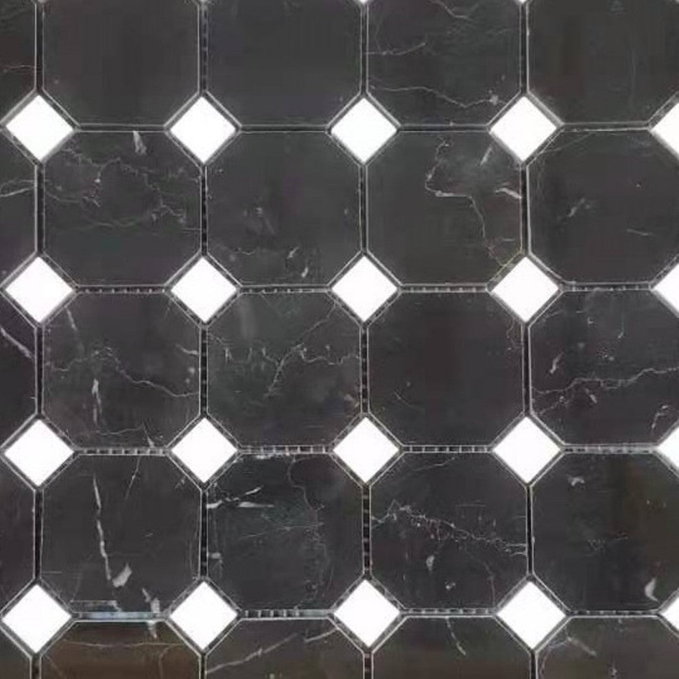 Nero Marquina Black Marble 2" Octagon Mosaic Tile Thassos White Polish, 1 sheet