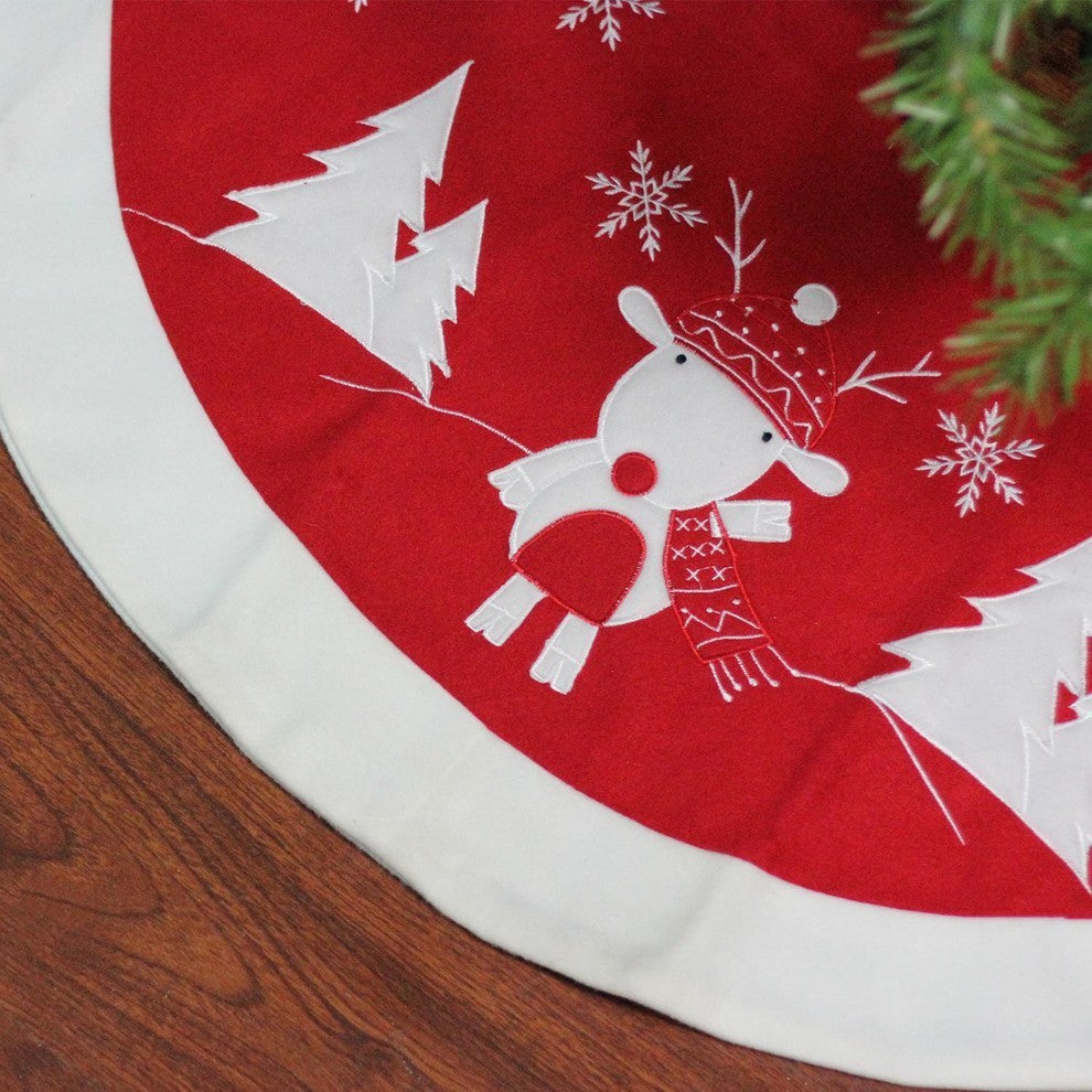 46" Red and White Winter Reindeer Embroidered Christmas Tree Skirt