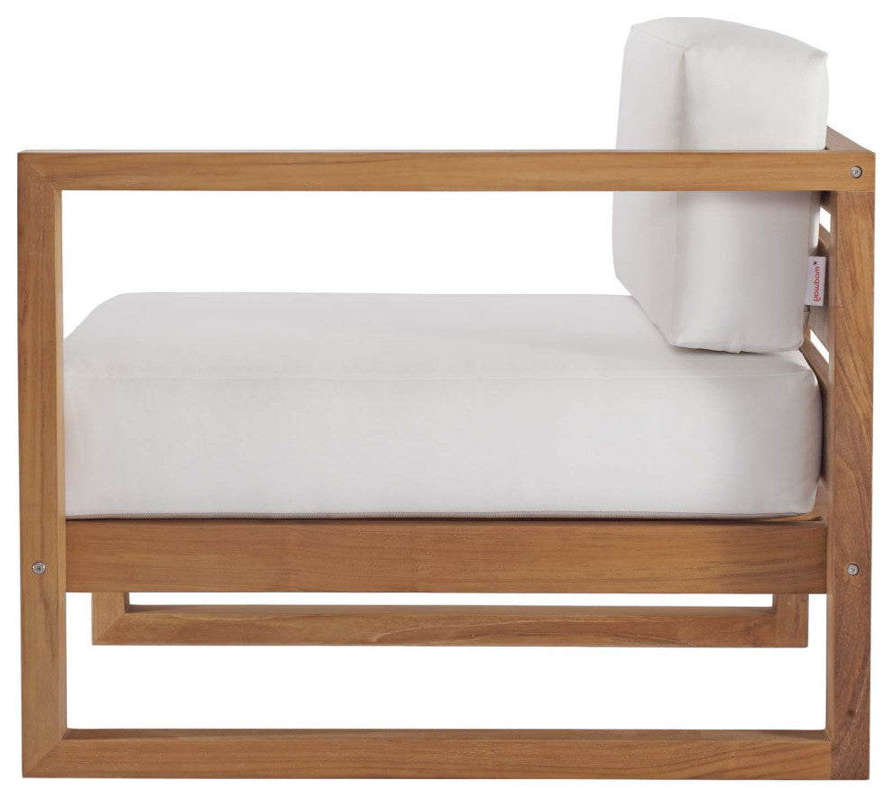 Sectional Sofa Chair Table Set, White Natural, Teak Wood, Modern, Outdoor Patio