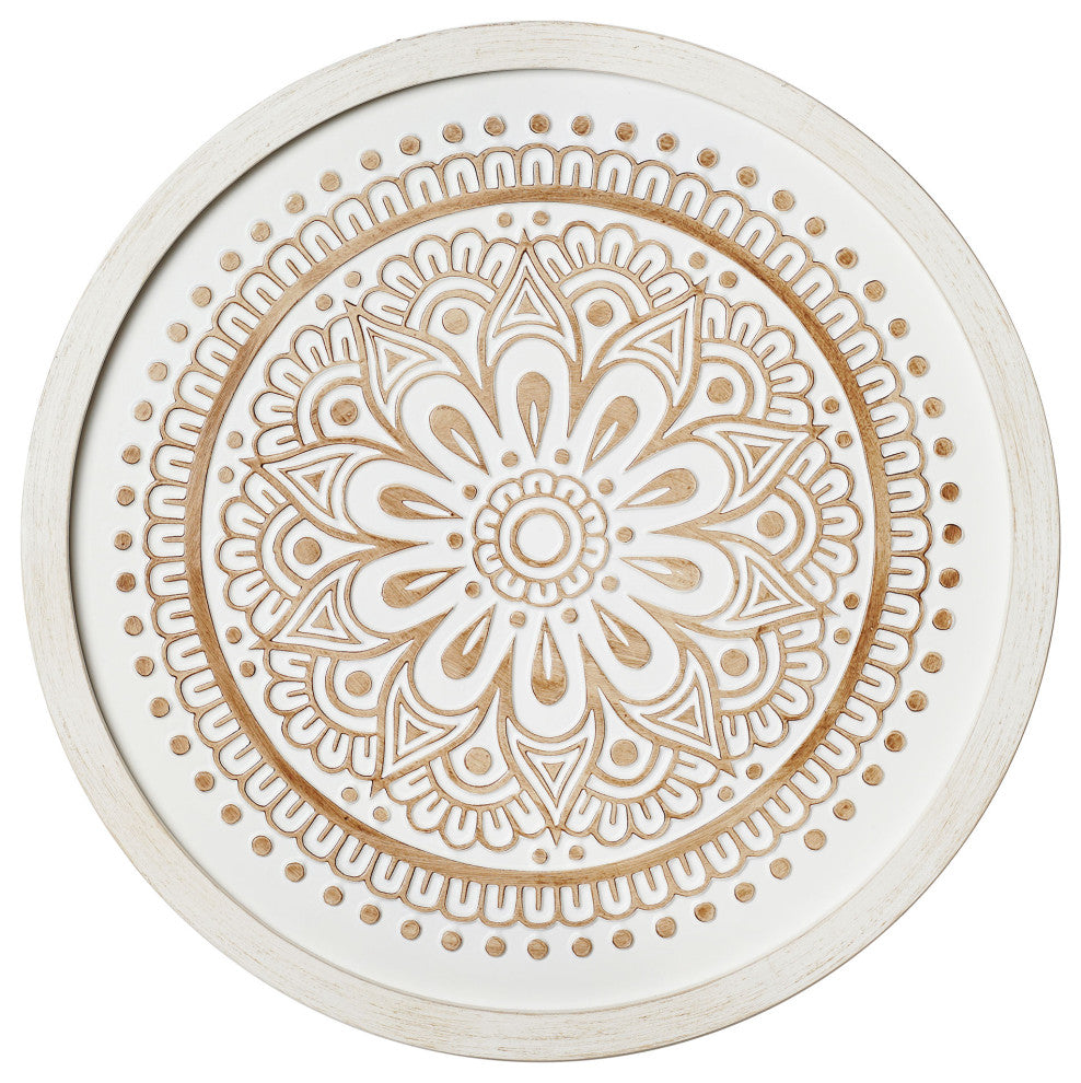American Art Decor Boho Rustic Farmhouse Wood Framed Wall Medallion White, Brown