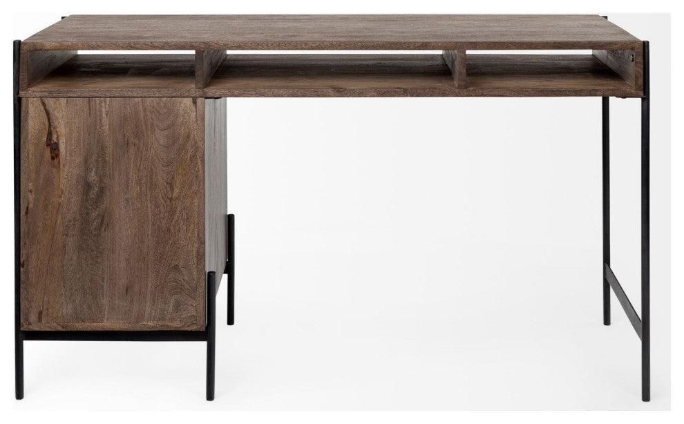 Medium Brown Wooden Writing Desk With 3 Drawers And 3 Open Shelves